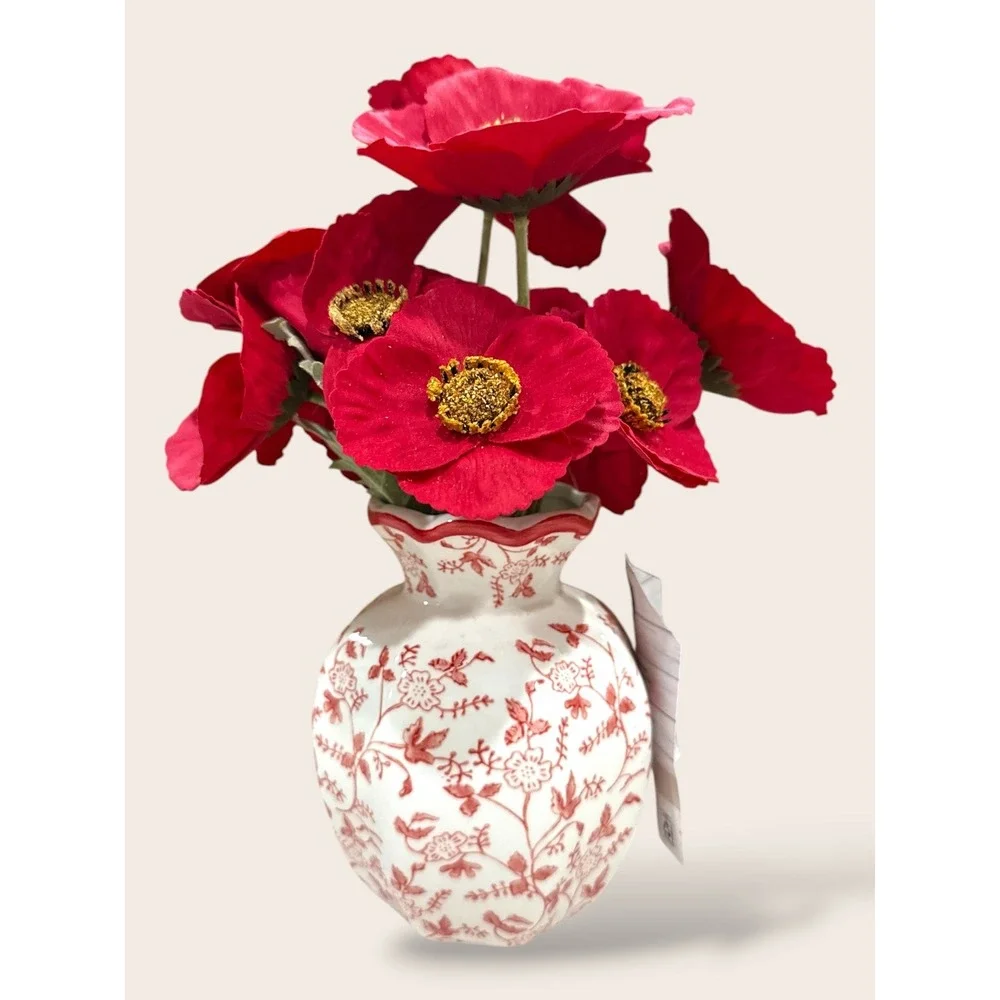 My Texas House Faux Poppies in Red‎ & White Floral Vase